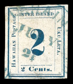 17, 2c Dark blue on bluish, Plate 5-B, Type IV (position 4), showing the broken toe of 2 variety, four large margins, exceptionally fresh color, marvelously cancelled by a blue
Lahaina c.d.s. dated July 21, couple minor thin spots and