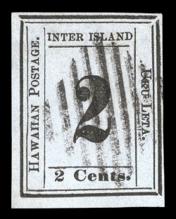 18, 2c Black on blue gray, Plate 5-A, Type I (position 1), ample to large margins all around, highly detailed impression on uncommonly fresh paper, light square grid cancel,
very fine one of the very few completely sound used examples of this