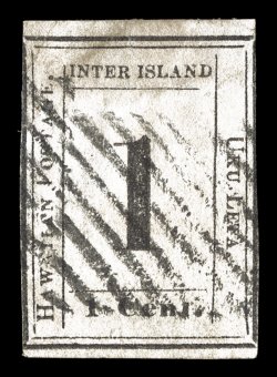 19, 1c Black, Plate 6-A, Type IX (position 9), an immensely rare postally used single, being one of only twelve used copies of the 1864 One Cent Black Numeral recorded, large
margins at top and bottom, just touching the frame lines in places