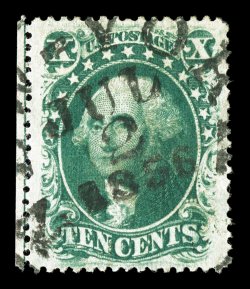 35, 10c Green, Ty. V, left sheet-margin single, with straddle guide line in margin, outstanding centering within especially wide margins, deeply rich color, New York c.d.s.
dated Jul 2, 1859 (last digit of year inverted), extremely fine 1988 PF