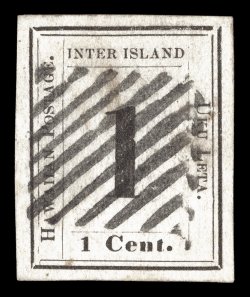 23, 1c Black on laid paper, Plate 8-A, Type VI (position 8), an exciting used example, possessing extravagantly large and balanced margins all around, strong impression, bold
square grid cancel, extremely fine while unused copies of this Numera