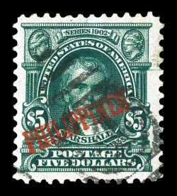 239, $5.00 Dark green, well centered within uncommonly large margins, deeply rich color, part of a duplex cancel, a couple thin spots and light crease, very fine appearance an
exceedingly rare stamp used, as only a minute fraction of the 746 is