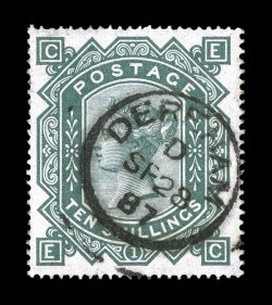 74, 1878 10- Slate, strong rich color, well centered, complete Dereham 1887 c.d.s., single improved perforation at left, very fine appearance clear 2002 APS certificate (S.G.
128 £2,800).
