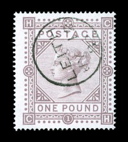 75, 1878 £1 Brown lilac, watermark Maltese Cross, an exceedingly fresh example of this scarce high value, with marvelously rich color and a crisp detailed impression on
pristine white paper, neatly cancelled by a small Leith 1.7.82 c.d.s., fine