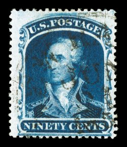 39, 90c Blue, an enormously rare used example of this value, which is one of a very few stamps in United States philately that is actually far more rare and valuable in used
condition versus mint, with this particular copy being one of the few