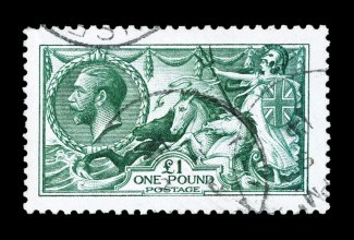 176, 1913 £1 Green Seahorse, an exceedingly choice copy of this popular stamp, with deep luxuriant color and a highly detailed impression on bright white paper, well centered,
light c.d.s. cancels, very fine 2001 BPA certificate (S.G. 404 £1,