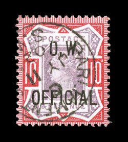 O48, 1901 10p Carmine rose and lilac, with O.W.Official overprint, vibrant colors, light Parliament St. c.d.s. cancel, certificate mentions a small surface fault at top that is
barely perceptible, very fine and a highly collectable example of