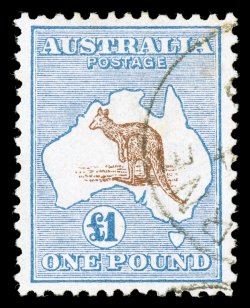 14, 1913 £1 Ultramarine and brown, a most impressive used single, being extraordinarily well centered, plus its color is uncommonly fresh, lightly cancelled, very fine actually
a rare stamp in this select quality (S.G. 15 £1,900).