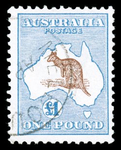 14, 1913 £1 Ultramarine and brown, another example, wonderfully fresh colors on bright white paper, light Melbourne cancel, very fine (S.G. 15 £1,900).