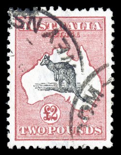 58, 1919 £2 Deep rose and black, perfectly centered, bright fresh colors, relatively light Sydney cancels, extremely fine an elusive high value that is rarely seen in this
choice used quality 2005 BPA certificate (S.G. 45 £2,250).