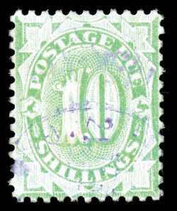 J21, 1902 10- Emerald postage due, nicely centered for this difficult stamp, bright color, light violet c.d.s., very fine overall actually an exceedingly elusive stamp to find
postally used 2007 BPA certificate (S.G. D43 £1,800).
