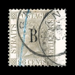 10, 1882 96c Olive with B overprint, right wing-margin single, cancelled by c.d.s. postmarks and a light blue crayon mark which is often the case on this stamp, small corner
crease at top left, otherwise a fine example of this rare stamp sign