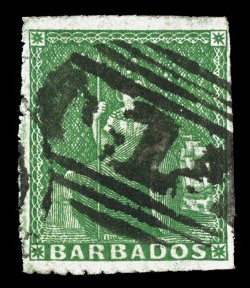 12, 1859 (12p) Pale yellow green, pin-perforated 12 12, bold numeral 1 in bars cancel, bright color, clear to large margins all around, scissors separated slightly clipping or
blunting some perfs. as usual on this scarcer perforation, otherw