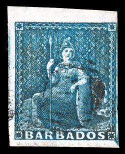12A, 1859 (1p) Blue, pin-perf. 12 12, perforations on three sides, cut into at right as usual, strong rich color, lightly cancelled, fine and quite scarce clear 1988 BPA
certificate (S.G. 16a £1,500).