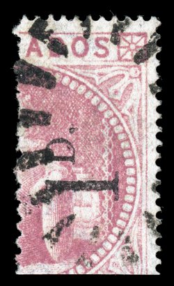 58, 1878 1D. S.G. Type B surcharge on half 5- Dull rose, rich fresh color, unobtrusive boot heel cancel, very fine for this scarce and difficult stamp 2001 BPA certificate
(S.G. 87 £850).