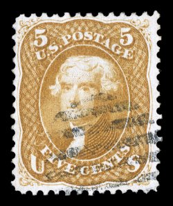 67a, 5c Brown yellow, far better centering and margins than typically found on this, one of the most difficult 19th century stamps to find with margins of any size, brilliantly
rich color, light mostly face-free grid cancel, extremely fine 1987