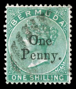 15, 1875 OnePenny. surcharge on 1- Green, deeply rich color, well centered, uncommonly light cancel, very fine 1988 BPA certificate (S.G. 17 £250).
