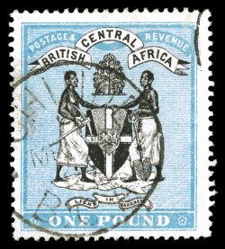 40, 1896 £1 Blue and black, well centered, fresh color, neat Chinde c.d.s., trivial small wrinkle, very fine a most elusive stamp postally used clear 1994 APS and BPA
certificates (S.G. 40 £500).