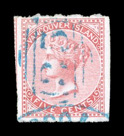 3, 1865 5c Rose imperforate, three huge margins, fourth at top ample but irregularly cut, brilliant color, light blue 35 pmk., slight thin in the bottom margin, extremely fine
appearance a highly collectable and eye-appealing example of this