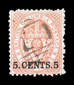 14, 1869 5.CENTS.5 Surcharge on 3p Bright red, much better centering than typically found on this issue, bright color, lightly cancelled, very fine and quite choice 2000 Greene
Foundation certificate (Unitrade for fine C$1,500.00).