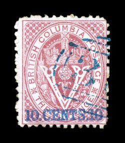 15, 1869 10.CENTS.10 surcharge on 3p Lilac rose, strong color, light blue cancel, fine (Unitrade C$1,200.00).