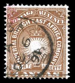 35, 1891 1 Anna Mombassa Provisional manuscript surcharge on 4a Yellow brown, initialed A.B., rich bright color, fairly light Mombassa c.d.s. and a small red mark at top left,
fine a rare provisional 1995 Brandon certificate (S.G. 26 £1,