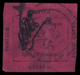 14, 1856 4c Black on magenta initialed E.D.W., a highly presentable example of this classic rarity, without the usual surface rubbing and repairs that are found on the vast
majority, the only fault on this stamp is a vertical crease, deep surf