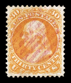 71, 30c Orange, uncharacteristically well centered and margined for this challenging value, attractive color, cancelled solely by a magenta grid postmark, extremely fine magenta
cancels are rarely encountered on this stamp 1988 PF certific