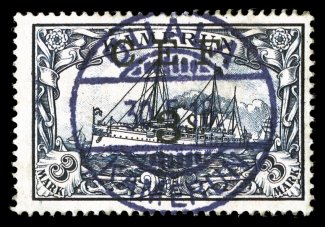 64, 1915 3s. on 3M Black violet, strong rich color, centrally struck violet Duala c.d.s., insignificant tiny crease at bottom, still very fine and scarce used signed Bothe BPP
(S.G. B12 £750).