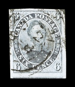 5d, 1855 6p Gray violet on thick hard paper, a marvelously handsome example of this rare stamp, possessing large to huge margins all around including a portion of the adjoining
stamp at bottom, brilliantly fresh, with rich color on pristine pape