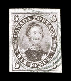 10, 1857 6p Reddish purple on very thick soft wove paper, a magnificent used example of this Pence Issue rarity, featuring four lavishly large margins, beautiful fresh color
and a clean impression on bright white paper, unusually light four-ring