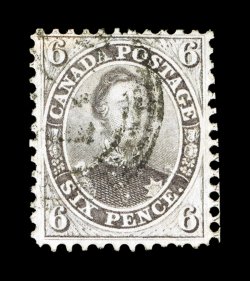 13, 1859 6p Brown violet perforated, exceedingly well centered within much larger margins than typically found on this terribly difficult stamp, showing part of the imprint in
the right margin, beautiful rich color and an excellent impressio