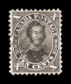 16, 1859 10c Black brown, exceedingly well centered and margined, intensely rich color and a deeply etched impression, light cancel, small filled thin speck, extremely fine
appearance clear 1920 RPS certificate (Unitrade C$8,000.00).