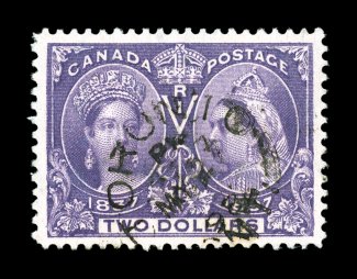 62, 1897 $2.00 Jubilee, premium quality copy, with intense prooflike color and impression on immaculate white paper, uncommonly well centered and margined, rimless Toronto
c.d.s. dated 1898 (unlike the more usual roller cancel), extremely fine