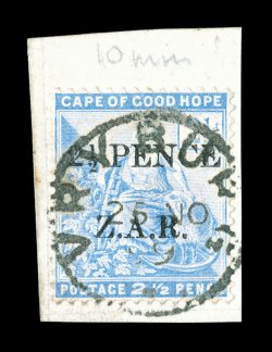N4, 1899 2 12 Pence Vryburg surcharge on 2 12p Ultramarine, tied to piece by Vryburg c.d.s. dated 25.11.99, strong color, fresh and fine (S.G. 4 £425).