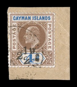 20, 1908 2 12p Surcharge on 4p Brown and blue, tied to piece by a light c.d.s. postmark, strong rich colors, well centered, very fine the key rarity of the country that is much
more challenging to find used rather than mint 1971 RPS certifica