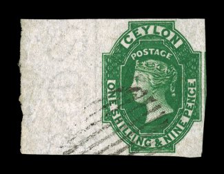 12, 1859 19 Green, a striking used single, being a left sheet-margin example with a full 15mm selvage that shows the papermakers watermark, there is an unimportant tear at far
left (could easily be trimmed and still leave an impressive margin)