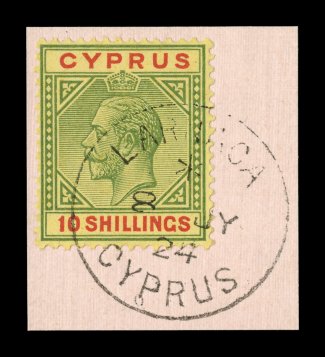 87, 1923 10- Green and red on yellow, tied to piece by full Larnaca 7.7.24 c.d.s., exceptionally bright and fresh, very fine 1999 BPA certificate (S.G. 100
£750).