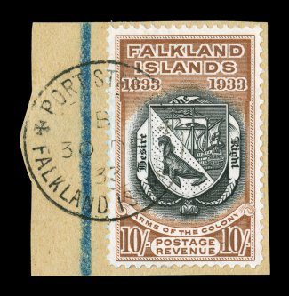 75, 1933 10- Tercentenary, tied to piece by full strike of Port Stanley c.d.s., strong rich color on fresh paper, very fine (S.G. 137 £1,000).