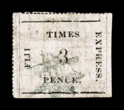 2, 1870 3p Black on pink, position 24, roulette lines on two sides, Bua star cancel, usual small faults (tear and thin spot), fine appearance a collectable example of this rare
stamp 2004 BPA certificate (S.G. 2 £3,500).