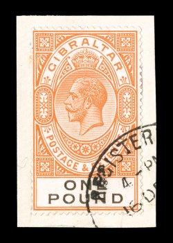 91, 92, 1921 10- Ultramarine & black and £1 Orange and black, each tied to piece by dated oval registry cancel, beautiful colors that are exceedingly fresh and bright, very
fine both are accompanied by 1999 BPA certificates (S.G. 106, 107 £3