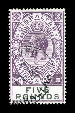 93, 1921 £5 Dull violet and black, an outstanding used example of this high value, with rich luxuriant color on fresh paper, well centered, lightly cancelled by a dated 1926
oval registry postmark, very fine and choice while mint copies come up
