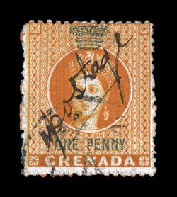19, 1883 1p Orange revenue with black manuscript Postage overprint, better than normal centering, light A of Gouyave dated March 2, very fine for this.Although not as rare as
its red overprint counterpart (see previous lot), the black over