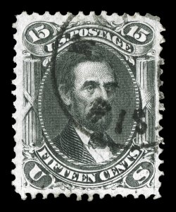 77, 15c Black, well centered within exceptionally large margins, strong color and impression, neat town cancel, extremely fine 1989 PF certificate.