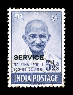 O112B, 1948 3 12a Gandhi, overprinted SERVICE, exceptionally well centered, fresh color, lightly cancelled, very fine and seldom offered 2005 BPA certificate (S.G. O150b
£700).