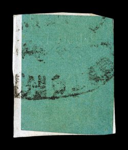 2, 1857 6p Green embossed, tied to piece by oval cancel, fairly strong embossing, very fine for this an exceedingly difficult and challenging stamp to find 2001 BPA certificate
(S.G. 5 £1,100).