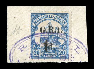 45, 1915 1 on 2p on 20pf Ultramarine, position 4, tied to piece by violet Rabual 7.1.15 oval datestamp, marvelously bright and fresh, very fine a premium example of this rare
stamp, with only 50 having been printed signed A. Diena and accomp