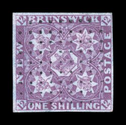 3, 1851 1- Bright red violet, full to large margins all around, gorgeous color that is exceptionally rich and bright, neat square of dots cancel, just a faint trace of a
diagonal crease, otherwise an extremely fine example of this rare stamp c
