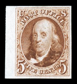 3, 5c Red brown reproduction, without gum as issued, an outstanding left sheet-margin single, other three margins large and even, rich luxuriant color and a well incised
impression, extremely fine sheet margin examples of the 1847 Reproductions