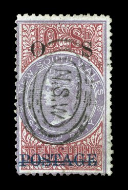 O23, 1889 10- Rose and violet with OS overprint, attractive rich colors, centrally struck N.S.W. in ovals cancel, a fine copy of this rarely offered official stamp 1996 Brandon
certificate (S.G. O37 £1,000)